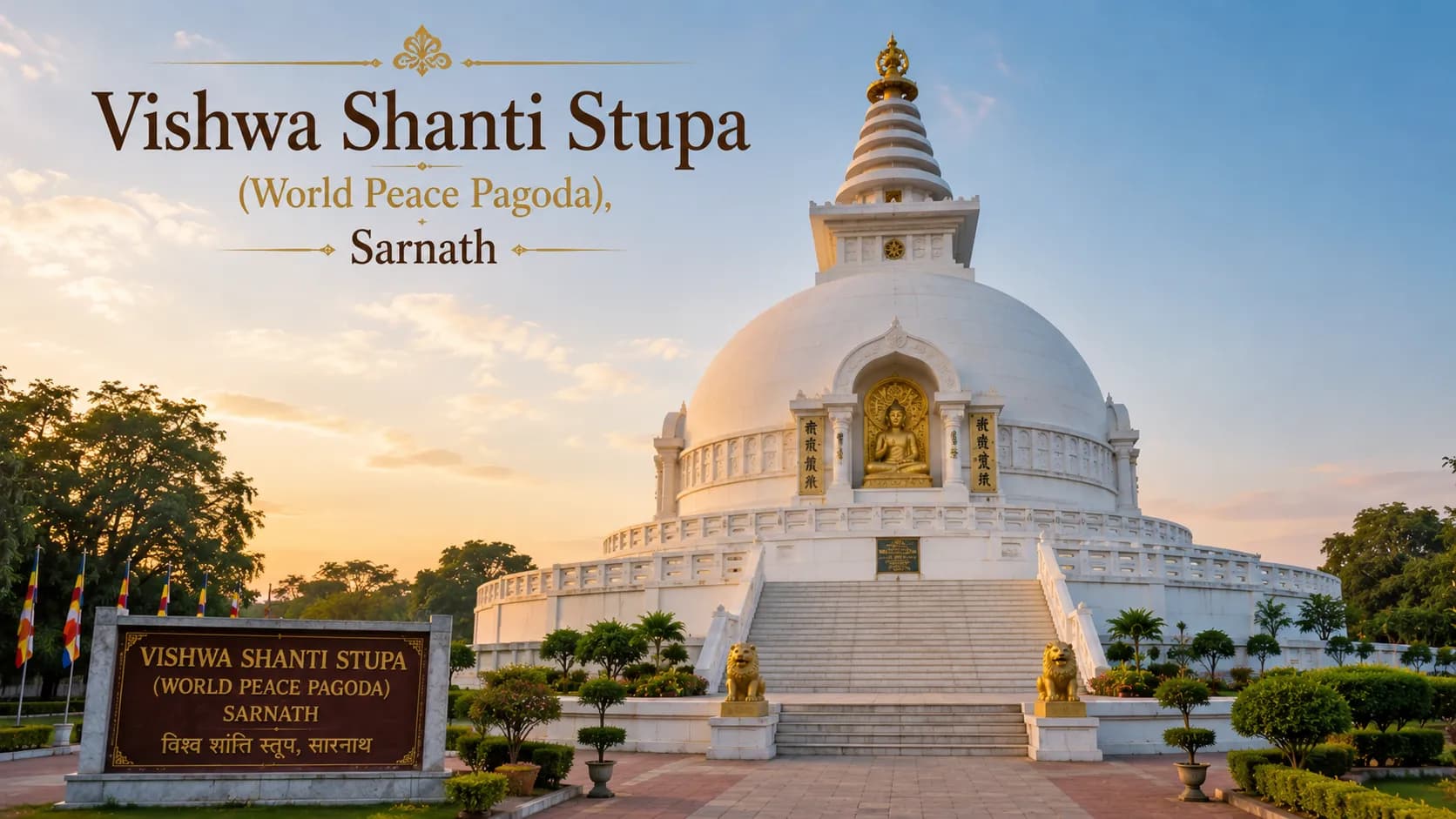 Vishwa Shanti Stupa Sarnath - The Sanchi-style carved gateway and Ashoka pillar replica at the World Peace Pagoda