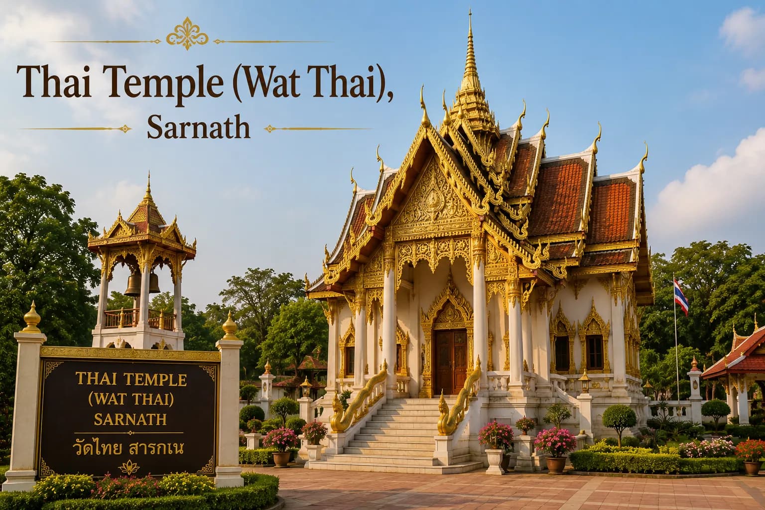 Thai Temple Sarnath - The giant standing Buddha of the Thai Temple rising above the gardens
