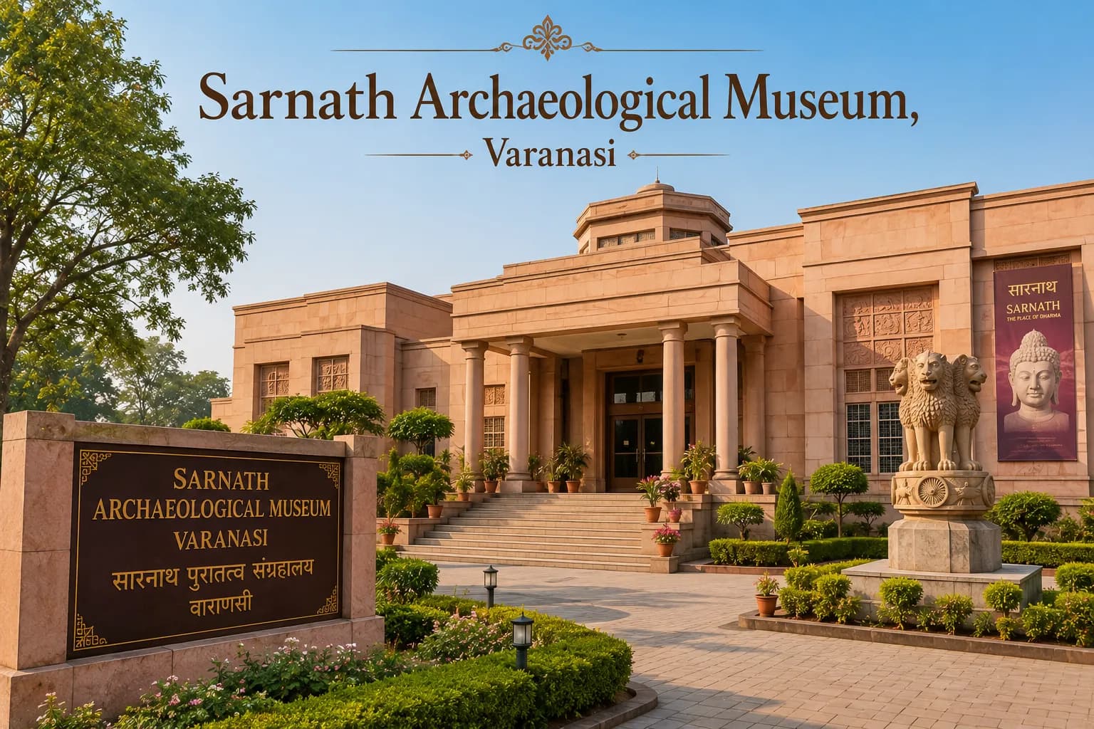 Sarnath Archaeological Museum Varanasi - The Lion Capital of Ashoka or the museum's monastery-shaped sandstone building