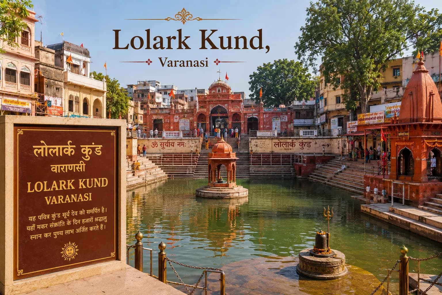Lolark Kund Varanasi - The deep stone stepwell with its steps descending to the water at sunrise