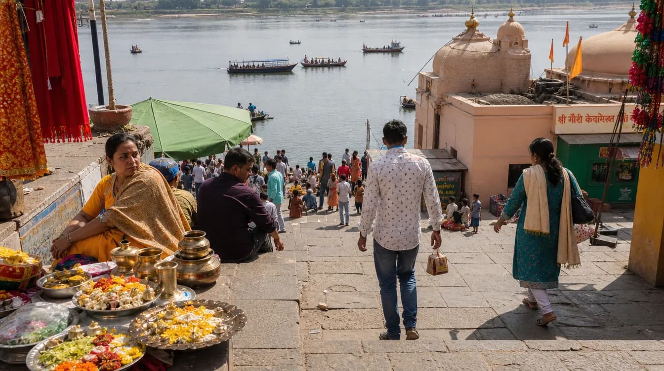 Kedar Ghat Varanasi - The distinctive red-and-white striped steps of Kedar Ghat rising to the temple