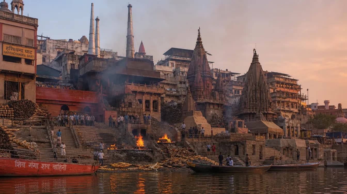 Harishchandra Ghat Varanasi - Wide respectful view from the river showing the ghat steps, no cremation in frame