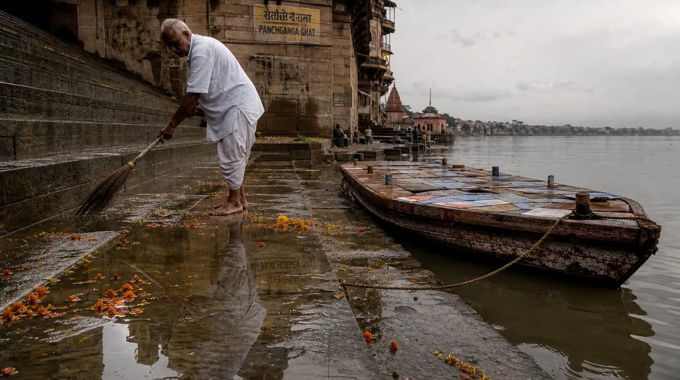 Panchganga Ghat Varanasi - The massive stone steps at dawn with the riverfront