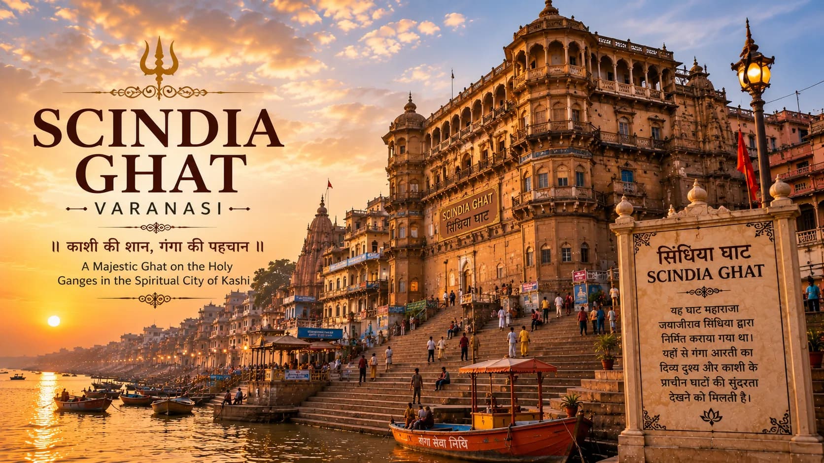 Scindia Ghat Varanasi - Quiet steps of Scindia Ghat at sunrise with boat on calm river