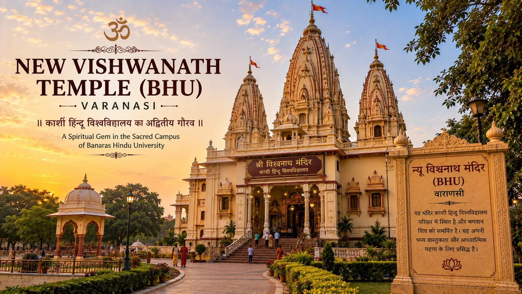 New Vishwanath Temple BHU Varanasi - Tall white marble shikhara rising above the BHU gardens